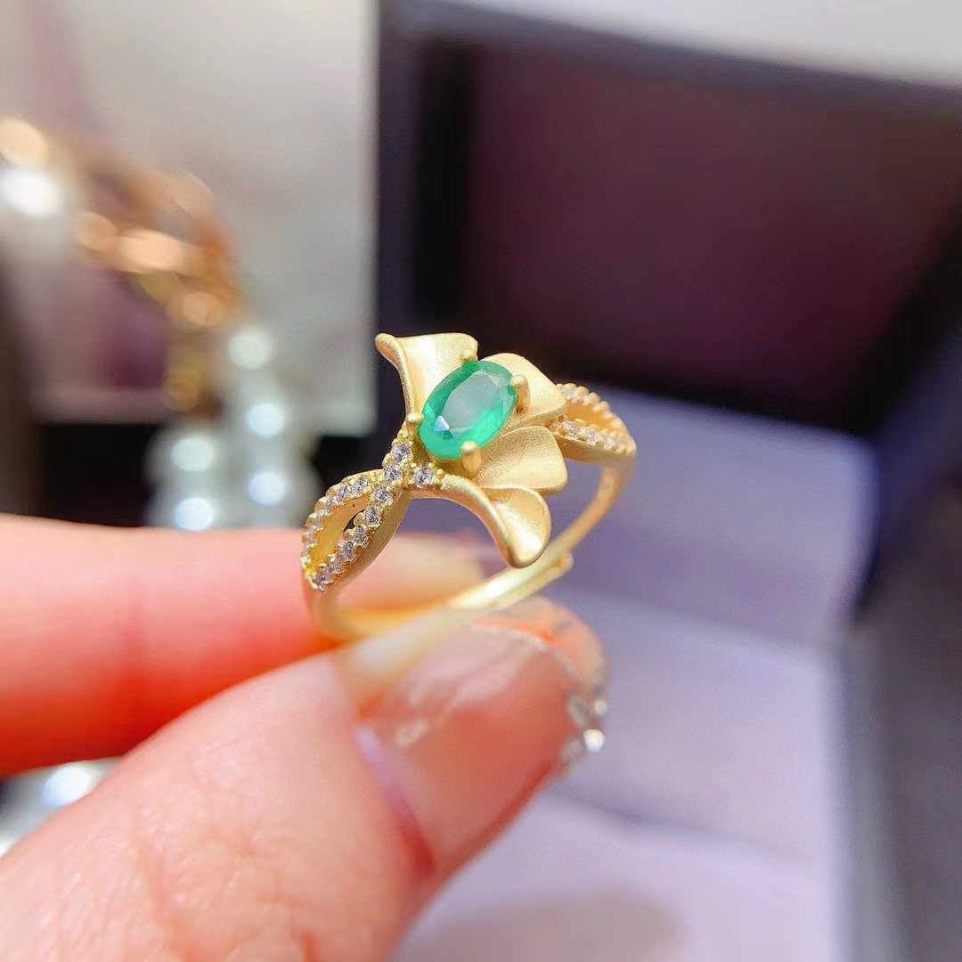 Zambian Emerald Ring - Bright Green with Blue Undertone