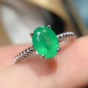 Emerald Oval Cut Ring Sterling Silver Real Emerald Engagement Ring