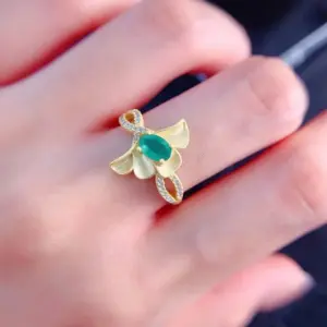 Gold Emerald Flower Ring Women Natural Emerald Wedding Ring