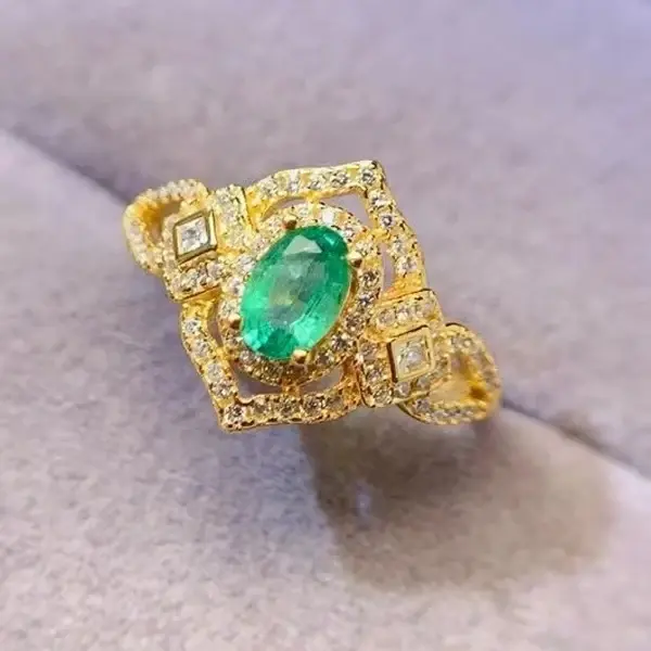 natural emerald ring, oval-cut, lady diana design, 925 sterling silver with a lustrous gold finish - product main view
