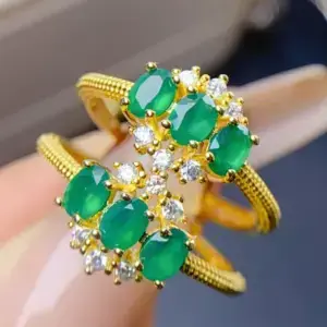 Natural Oval Cut Emerald and Diamond Ring Gold Three Stone Emerald Ring