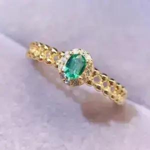 Oval-Cut Natural Emerald & Diamond Ring Gold Emerald Ring Gift for Her