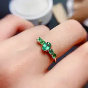 Sterling Silver Natural Emerald Band Ring, Green Stone Oval Ring, Engagement Ring