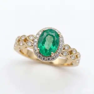 Oval Natural Emerald And Diamond Halo Engagement Ring Emerald Ring — white background